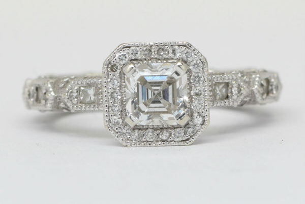 Asscher-cut diamond halo engagement ring