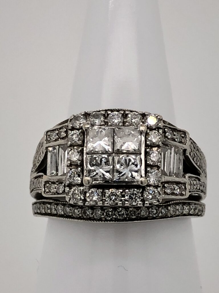 Square cluster diamond ring on white cone