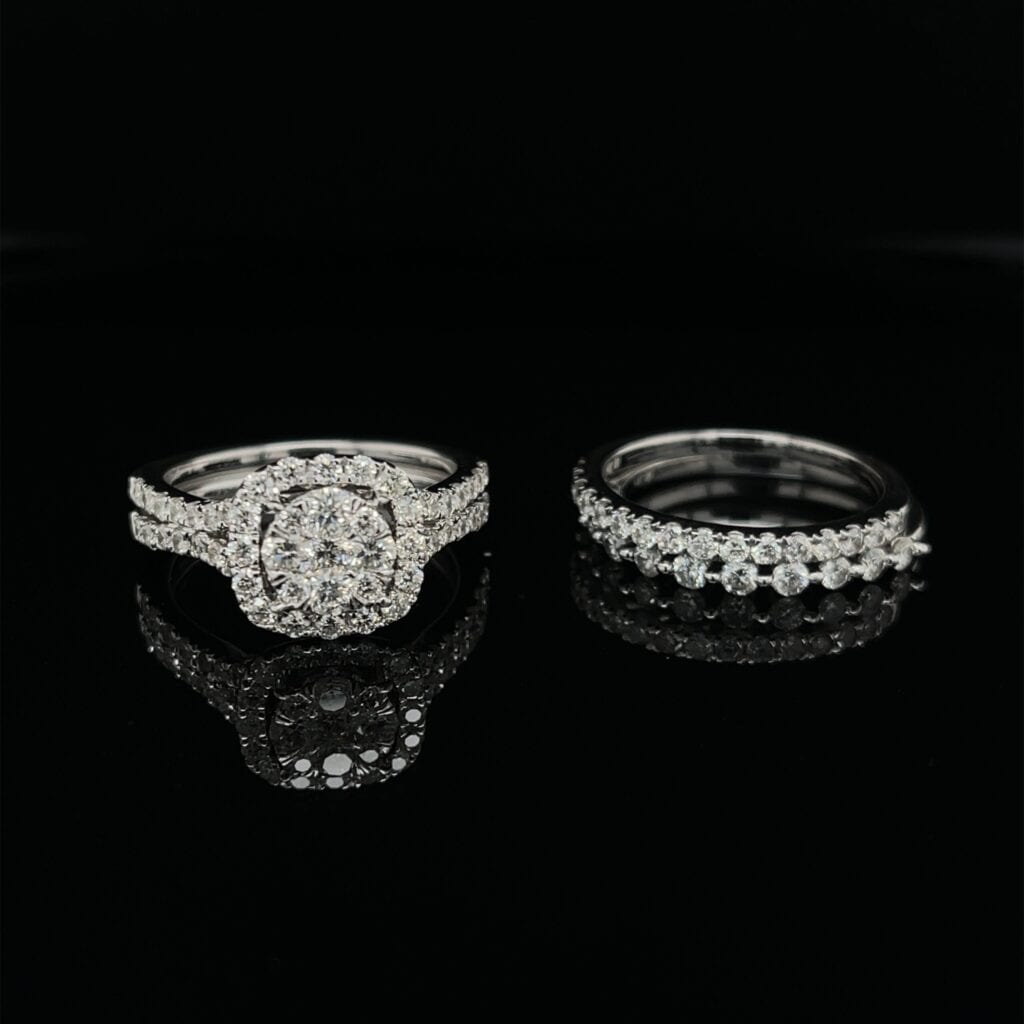 #3054-972750 14K White Gold Halo Cluster & 2 Diamond Bands