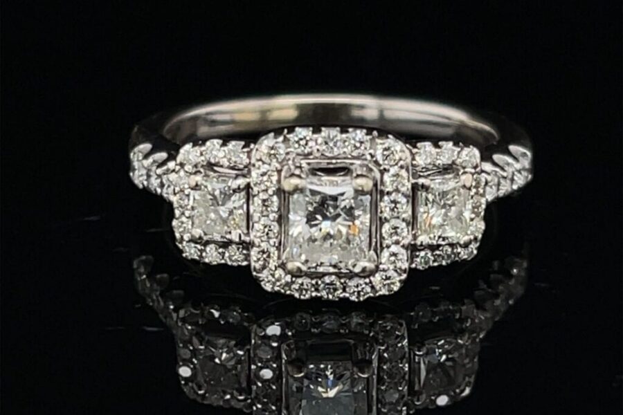 #3064-971200 1.0 ct. 14K White Gold 3 Stone Halo Engagement Ring Color H Clarity SI1