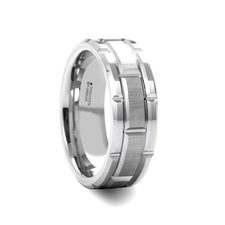 WARWICK Beveled Tungsten Carbide Wedding Band with Brush Finished Center and Alternating Grooves - 8mm