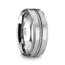 LANNISTER Men’s Tungsten Flat Wedding Band with Steel Wire Cable Inlay & Beveled Edges - 8mm