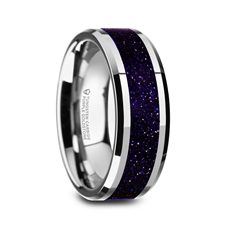 MAKI Men’s Beveled Tungsten Polished Finish Wedding Ring with Purple Goldstone Inlay - 8mm