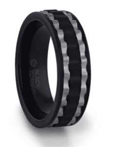 GEAR Two Toned Wavy Centered Brushed Black Titanium Men's Wedding Band With Flat Polished Edges - 8mm