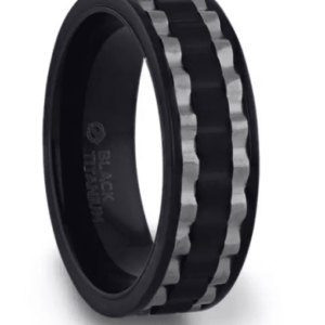 GEAR Two Toned Wavy Centered Brushed Black Titanium Men's Wedding Band With Flat Polished Edges - 8mm