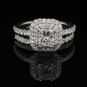 #1409 0.77ct. 14K White Gold Double Halo Princess Engagement Ring & Band 1.5CTW Color G Clarity SI1