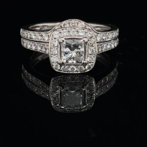 #1410-971500 14K White Gold Halo Engagement Ring & Band 0.54ct.