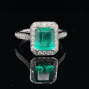 #Rod113B 972500 18K White Gold Halo Ring 0.40ct. Diamonds 1.37 Gree Emerald GIA Cert Columbian Clarity F2