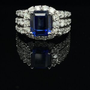 14K White Gold Halo Ring 4.0ct. Emerald Sapphire Center Diamonds Down Band 6.0 CTW