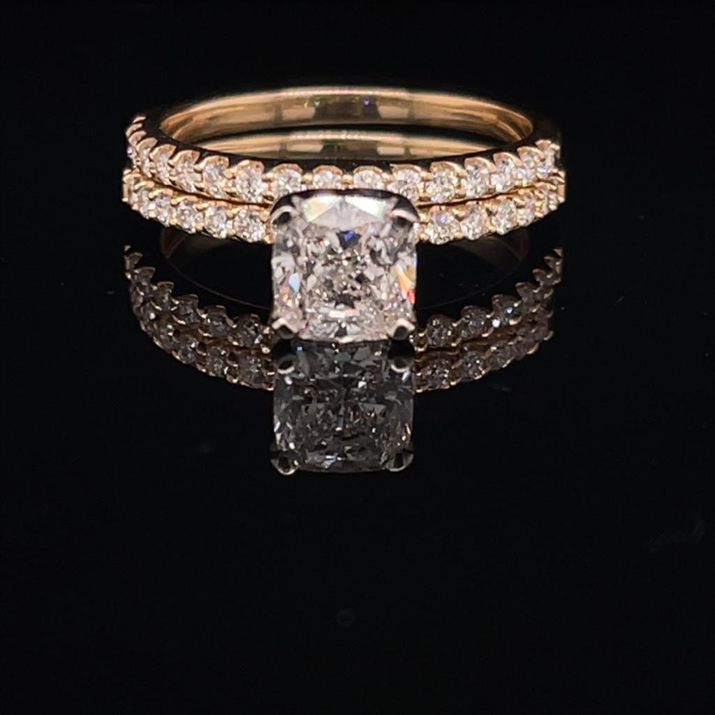 DEC127A-972500 1.57 ct. Cushion Lab Grown Diamond 14K Yellow Gold Engagement Ring Color F Clarity VS2 and 0.65 Natural I Band