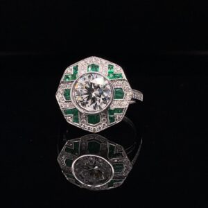 Antique Platinum Green Emerald & Diamond center 2.27ct. Lab Grown Diamond Color G Clarity VS1