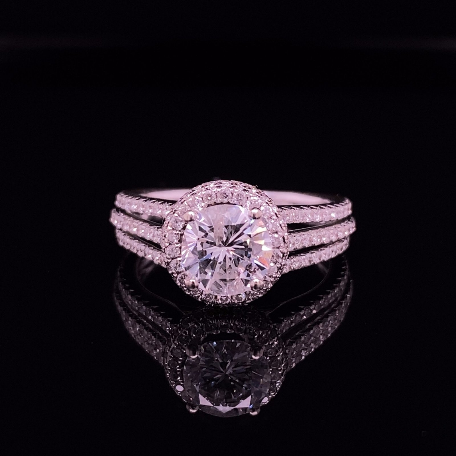 Round diamond halo split shank engagement ring