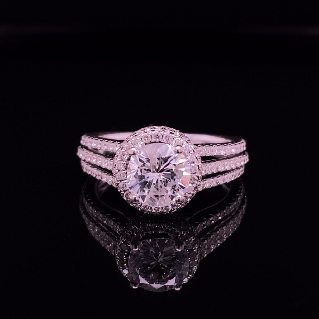 Round diamond halo split shank engagement ring