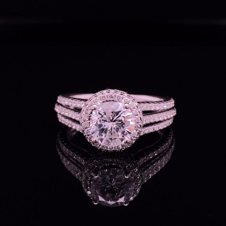 Round diamond halo split shank engagement ring