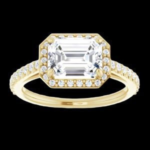 Yellow gold ring with emerald-cut diamond halo Yellow gold ring with emerald-cut diamond halo