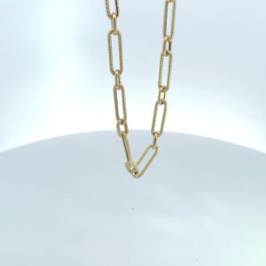 Gold paperclip chain necklace on white background 14K yellow gold paper clip bracelet with polished elongated links, 2.87 grams