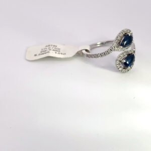 14K white gold ring with 1.01 carat pear sapphires and 0.40 carat diamond halos in a bypass design