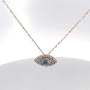 14K yellow gold evil eye pendant with lab-grown diamond halo and blue center stone on a delicate chain