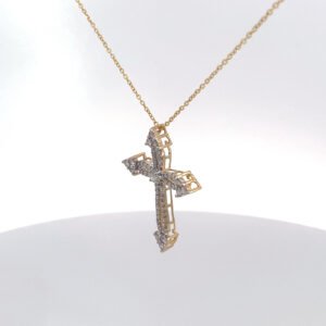 14K yellow gold necklace with 1.00 carat lab-grown diamond cross pendant, shown in side view